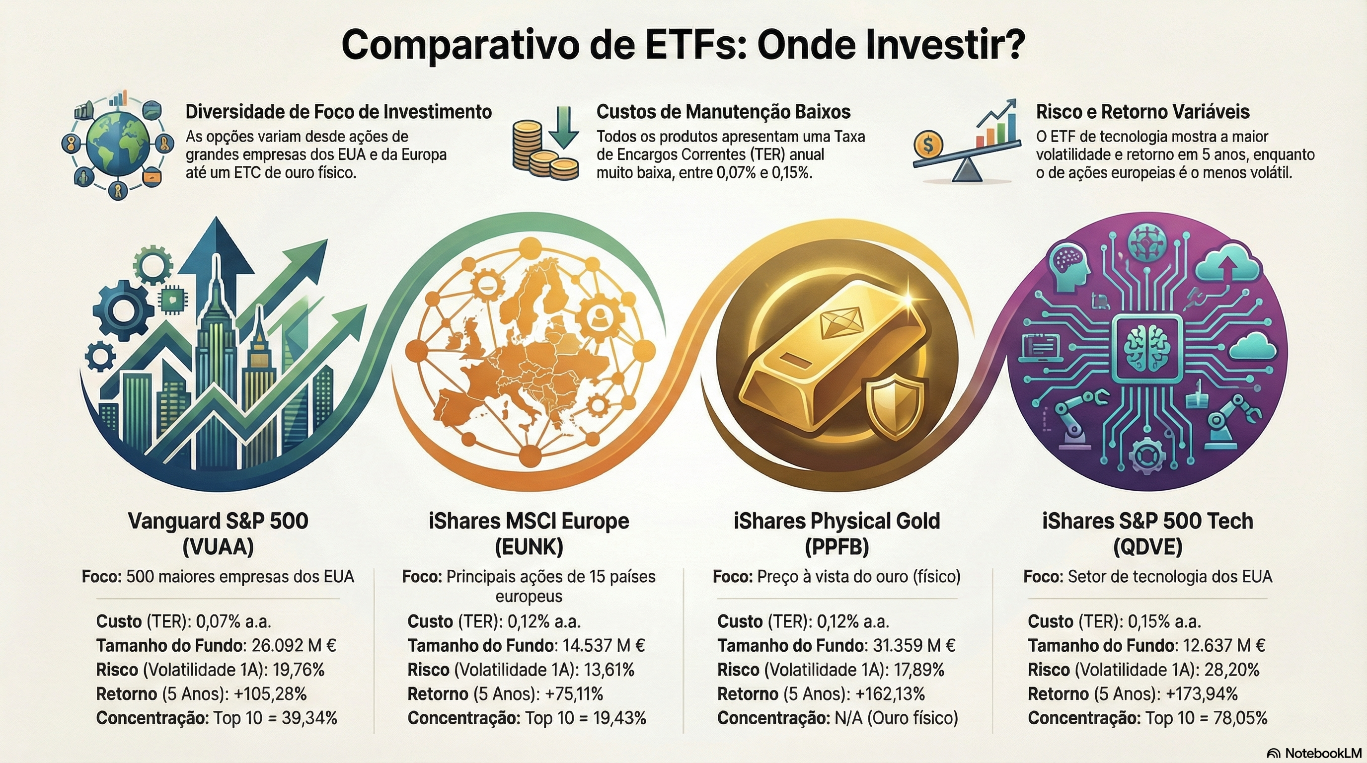 Análise visual comparativa de ETFs - VUAA, EUNK, QDVE, PPFB